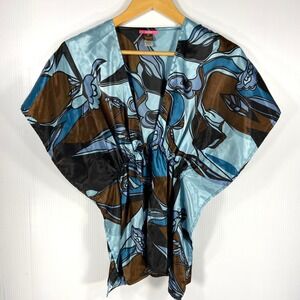 Lola Blue‎ Brown Swirl Satin Kimono V Neck Blouse Womens Medium